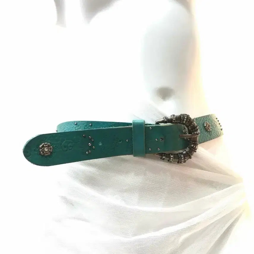[BUNJANG] Teal Western Style Leather Belt with Buckle Detail / teal western buckle leather belt