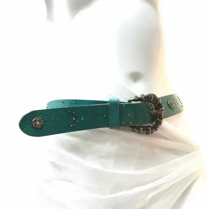 [BUNJANG] Teal Western Style Leather Belt with Buckle Detail / teal western buckle leather belt