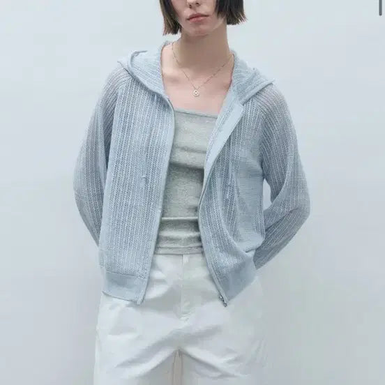 [BUNJANG] Mongdol Summer Knit Hood Zip-Up Light Blue / 몽돌 썸머 니트 후드 집업 라이트블루