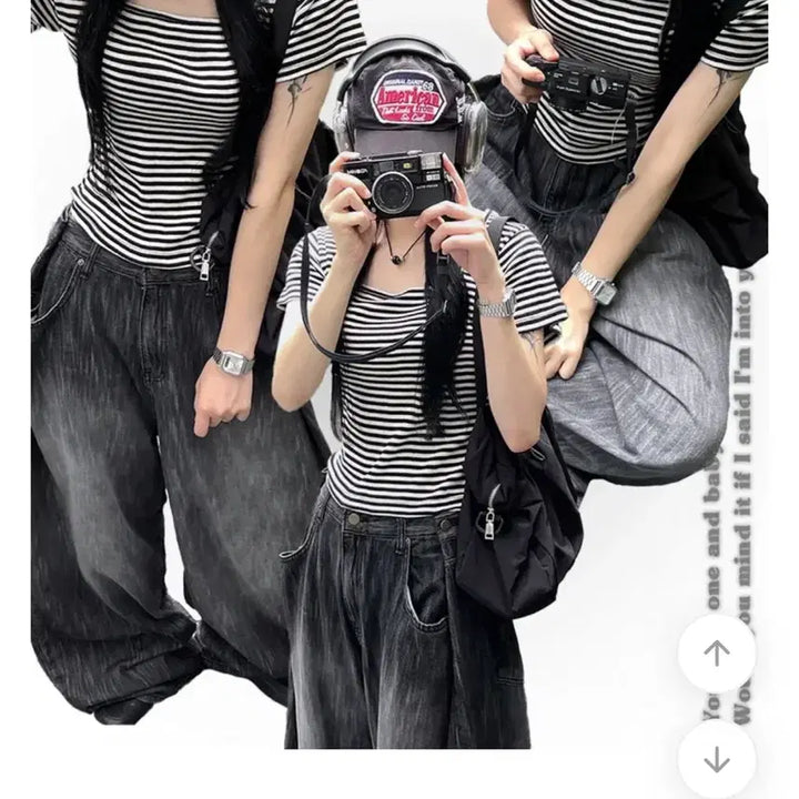 [BUNJANG] Slim Fit Striped Square Neck T-Shirt / 에이블리 통통 스판짱짱 말라핏 스퀘어넥 단가라티셔츠