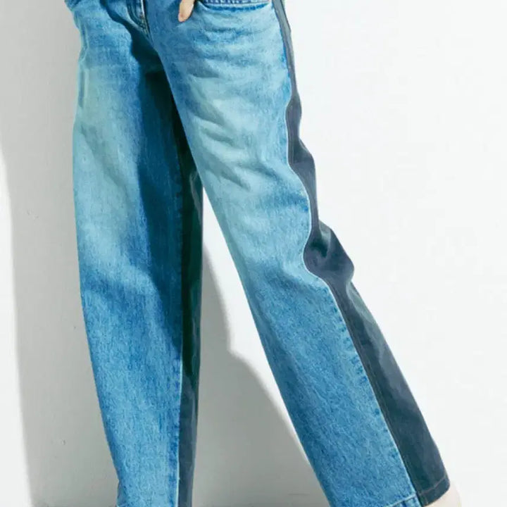 [BUNJANG] Lucky Chouette Reversible Color Block Denim Pants (Medium Blue/Black) / 23년 럭키슈에뜨 앞뒤 반전 배색 데님 팬츠 청바지 중청 블랙 버튼 핀턱