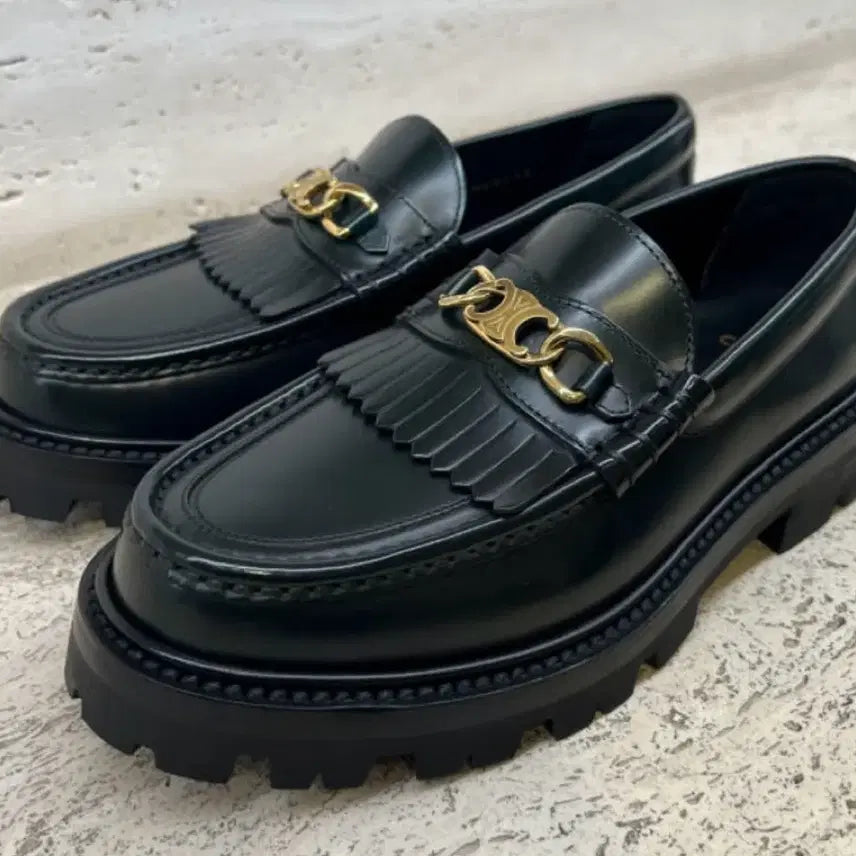 [BUNJANG] Celine Triomphe Chain Loafers Black Leather Size 38.5 / 셀린느 트리옹프 블랙 로퍼 슈즈