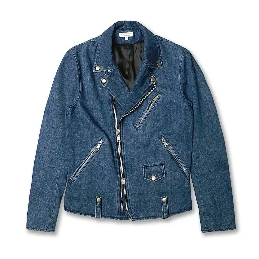[BUNJANG] Beauty &amp; Youth Classic Mid Blue Denim Rider Jacket / 뷰티 앤 유스 [Beauty &amp; Youth] 클래식 미드블루 데님 자켓
