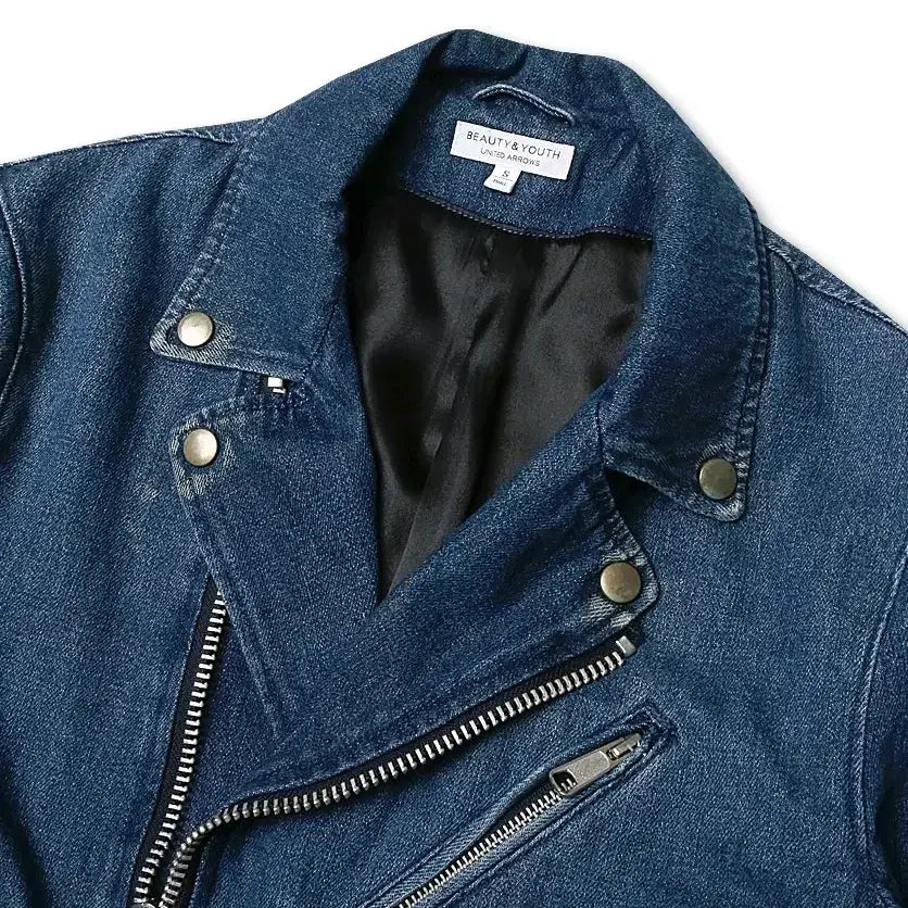 [BUNJANG] Beauty &amp; Youth Classic Mid Blue Denim Rider Jacket / 뷰티 앤 유스 [Beauty &amp; Youth] 클래식 미드블루 데님 자켓