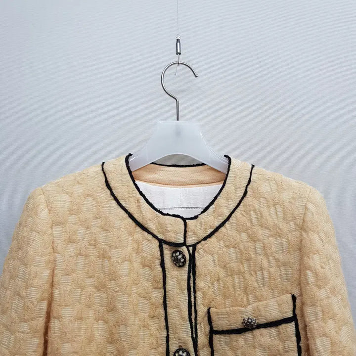 [BUNJANG] Mine 2021 Tweed Color-Blocked Collarless Jacket / 한섬 마인 2021 트위드 배색 노카라 자켓 76-90-155