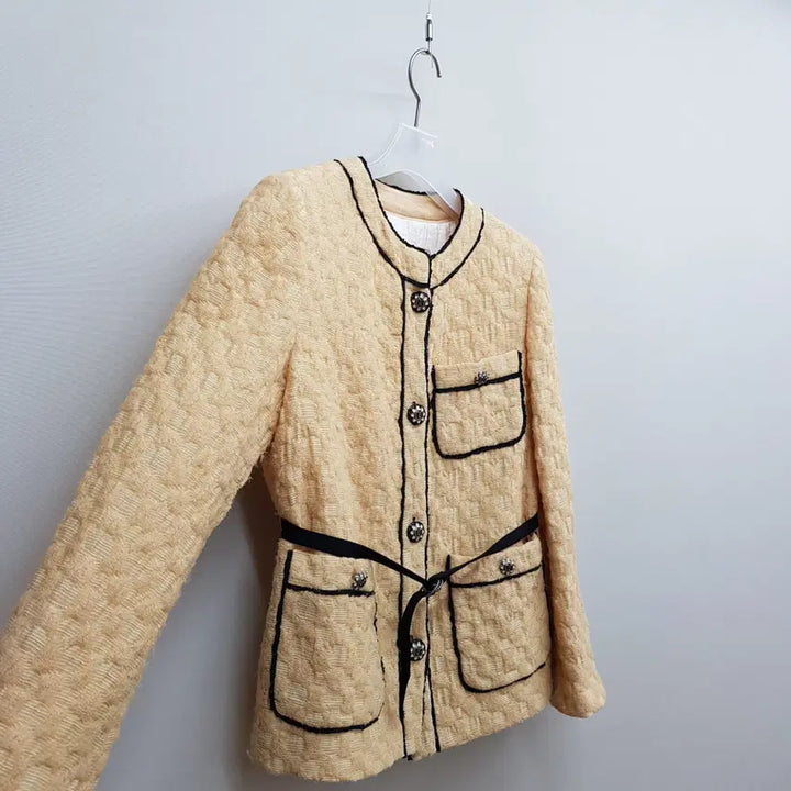 [BUNJANG] Mine 2021 Tweed Color-Blocked Collarless Jacket / 한섬 마인 2021 트위드 배색 노카라 자켓 76-90-155