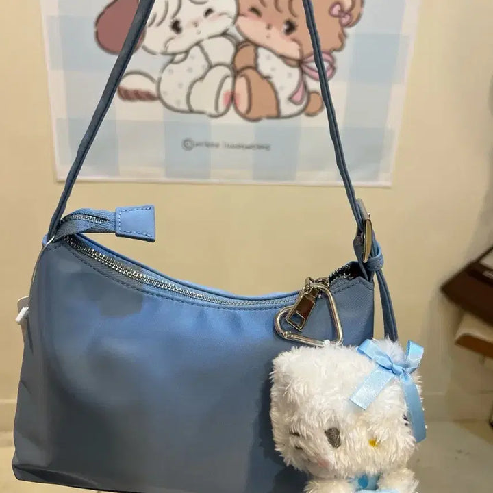 [BUNJANG] Blue Shoulder Bag with Kitty Charm / 블루 숄더백 + 키티 인형 키링