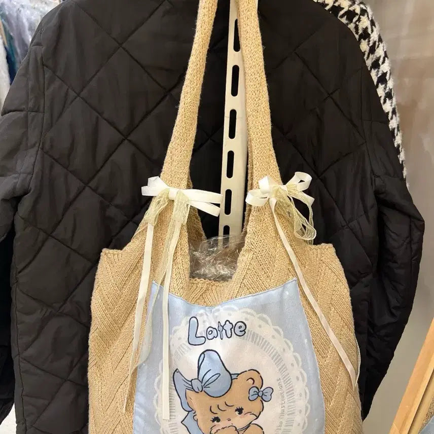 [BUNJANG] Latte Bear Knit Ribbon Tote Bag / 라떼 베어 니트 리본 가방