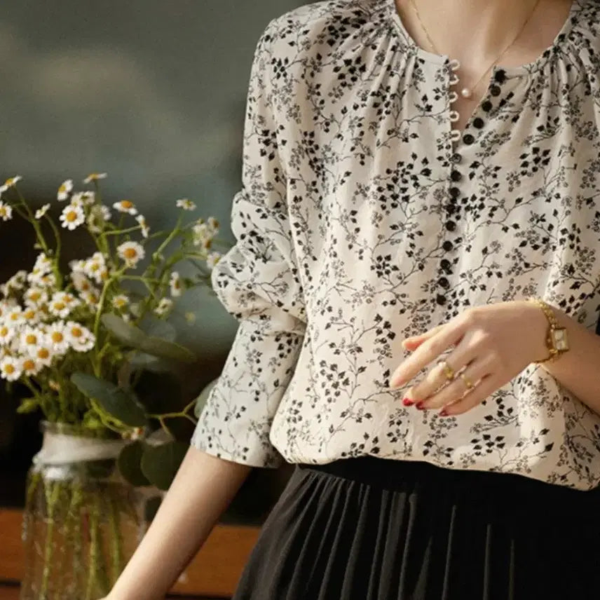 [BUNJANG] Flower Pattern 7/10 Sleeve Blouse / 플라워 패턴 블라우스 7부 소매