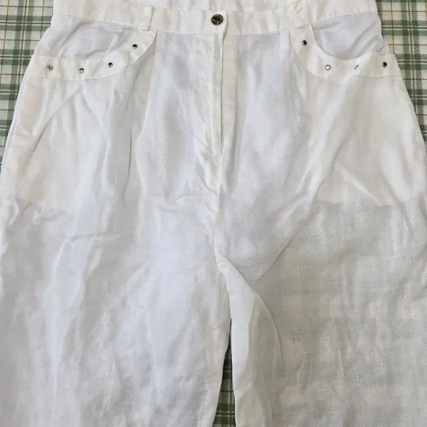 [BUNJANG] Linen Blend White Slacks with Stud Detail / 5ㅡ마  일감 있는 바지ㅡ허리ㅡ31