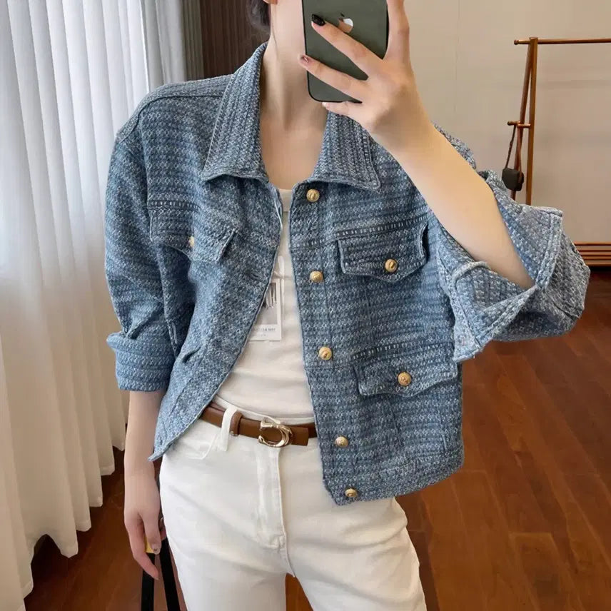 [BUNJANG] Tweed Denim Jacket with Gold Buttons / 트위드 청자켓 금장버튼 데님자켓