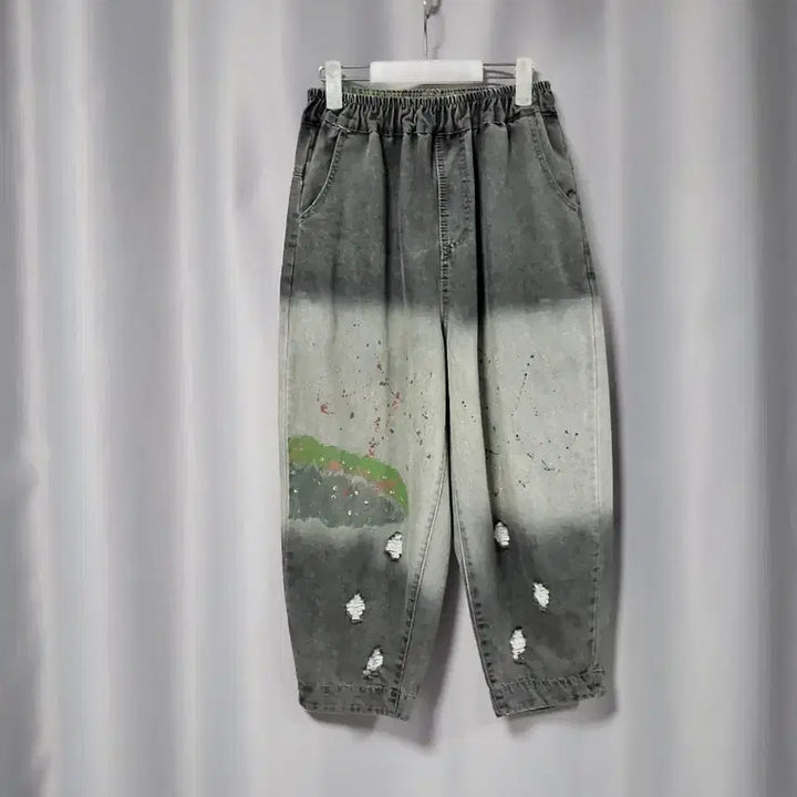 [BUNJANG] Distressed Wash Baggy Denim Pants / 페인팅 데미지 워싱 배기 데님
