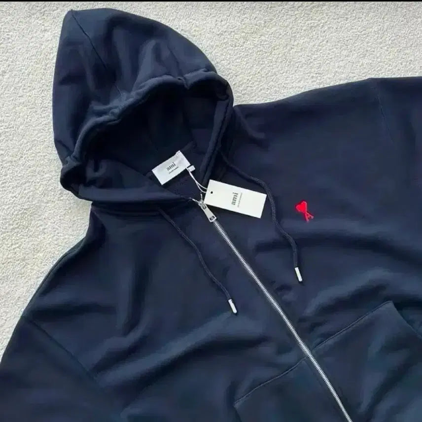 [BUNJANG] AMI Signature Logo Hooded Zip-Up Jacket Navy / 아미후드 집업
