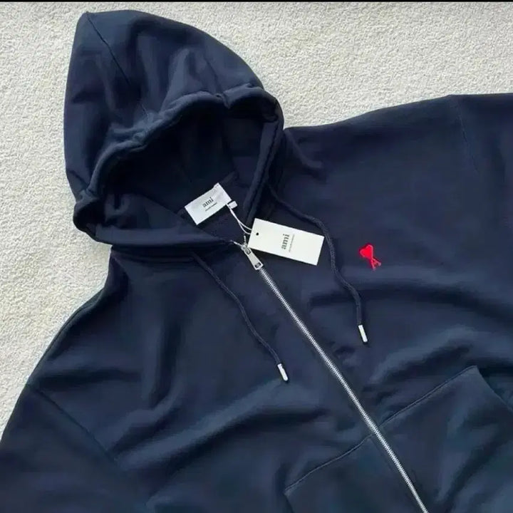 [BUNJANG] AMI Signature Logo Hooded Zip-Up Jacket Navy / 아미후드 집업