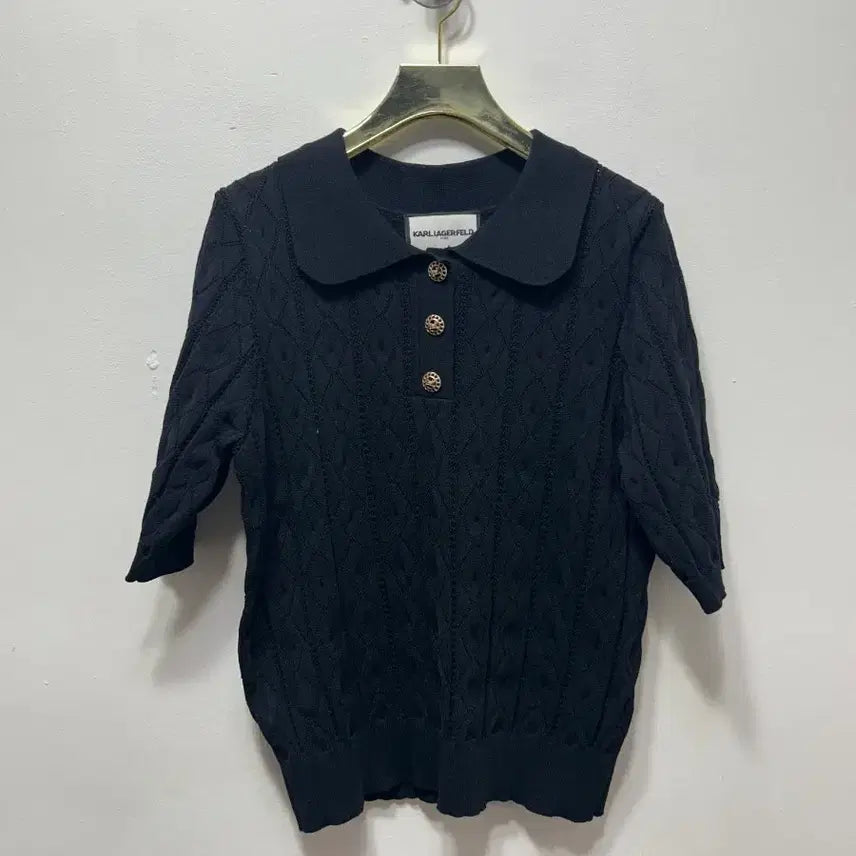 [BUNJANG] Karl Lagerfeld Black Short Sleeve Cable Knit Top M / 칼 라거펠트 케이블 니트 블랙 반팔 M