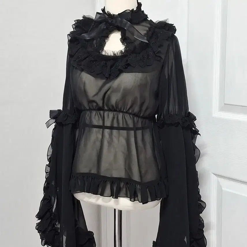 [BUNJANG] Black Chiffon See-Through Hime Sleeve Blouse / 신품 블랙 쉬폰 시스루 히메소데 블라우스 로리타 고딕 고스 펑크 지뢰계