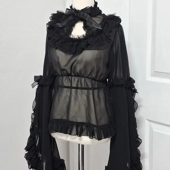 [BUNJANG] Black Chiffon See-Through Hime Sleeve Blouse / 신품 블랙 쉬폰 시스루 히메소데 블라우스 로리타 고딕 고스 펑크 지뢰계