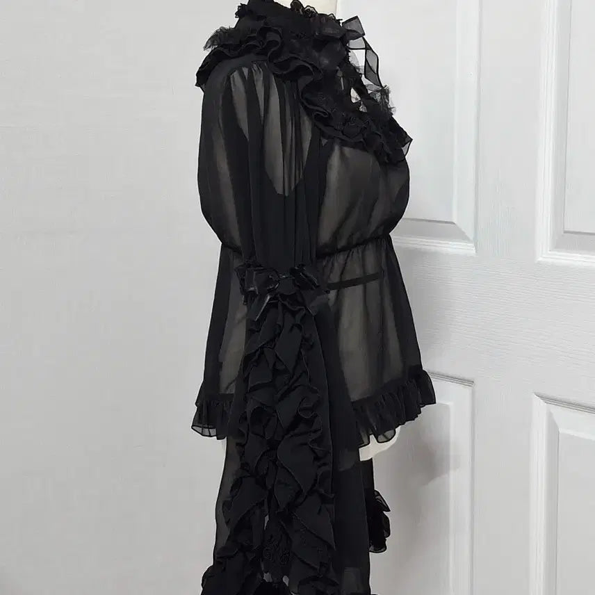 [BUNJANG] Black Chiffon See-Through Hime Sleeve Blouse / 신품 블랙 쉬폰 시스루 히메소데 블라우스 로리타 고딕 고스 펑크 지뢰계