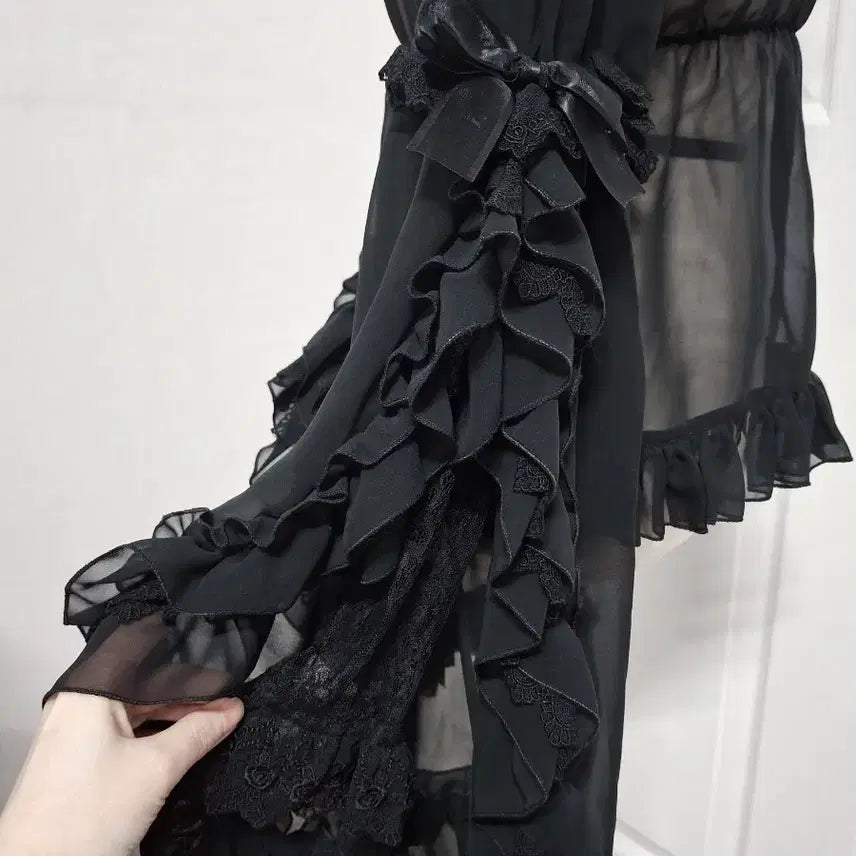 [BUNJANG] Black Chiffon See-Through Hime Sleeve Blouse / 신품 블랙 쉬폰 시스루 히메소데 블라우스 로리타 고딕 고스 펑크 지뢰계