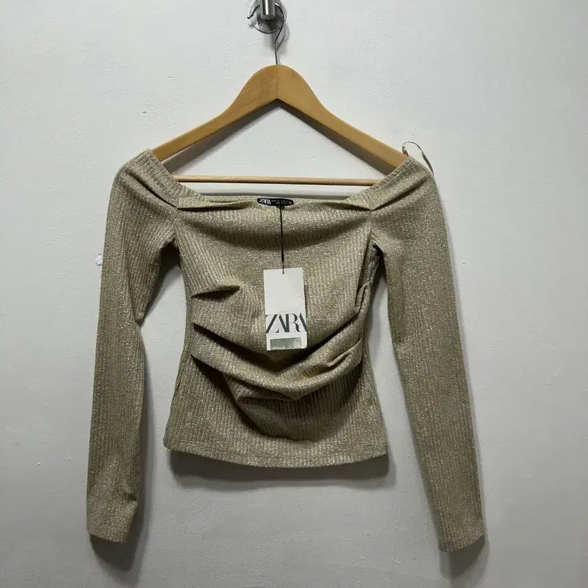 [BUNJANG] Zara Shirring Gold Long Sleeve T-Shirt - Size S / 자라 셔링 골드 긴팔 티셔츠 새상품 S