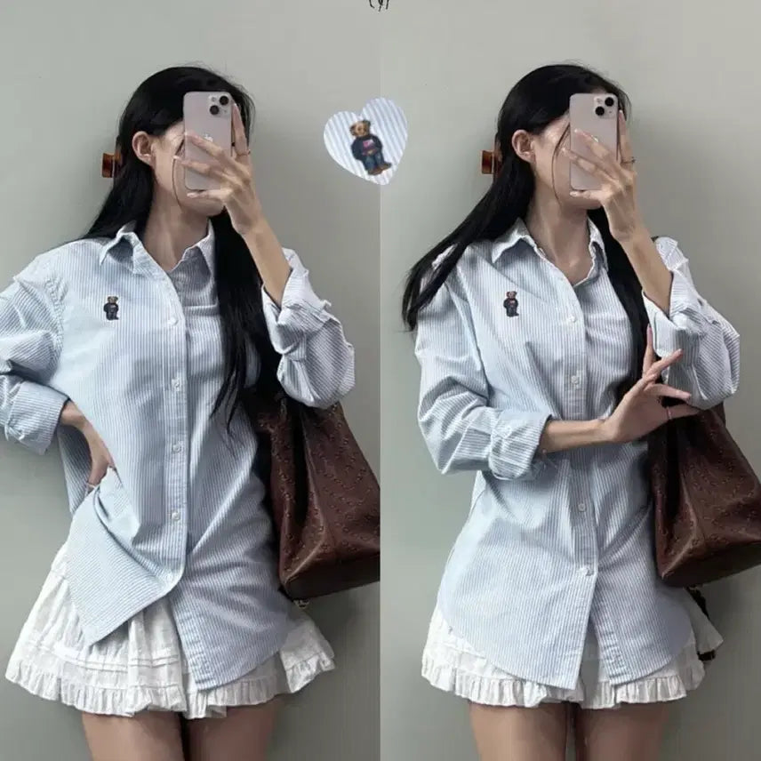 [BUNJANG] Polo Ralph Lauren Striped Bear Embroidered Shirt / 폴로 스트라이프 베어 셔츠