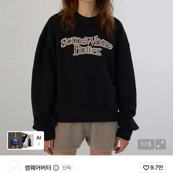 [BUNJANG] Somewhere Butter Check Logo Navy Sweatshirt / 썸웨어버터 체크 로고 네이비 맨투맨 스웻셔츠