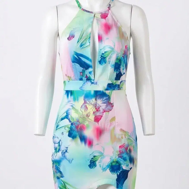 [BUNJANG] Floral Halterneck Mini Dress with Slit - Size S / 새제품 플라워 홀터넥 섹시 트임 나시 비치원피스 S사이즈