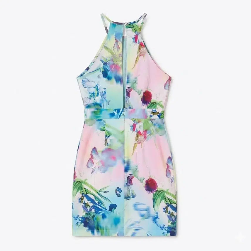 [BUNJANG] Floral Halterneck Mini Dress with Slit - Size S / 새제품 플라워 홀터넥 섹시 트임 나시 비치원피스 S사이즈