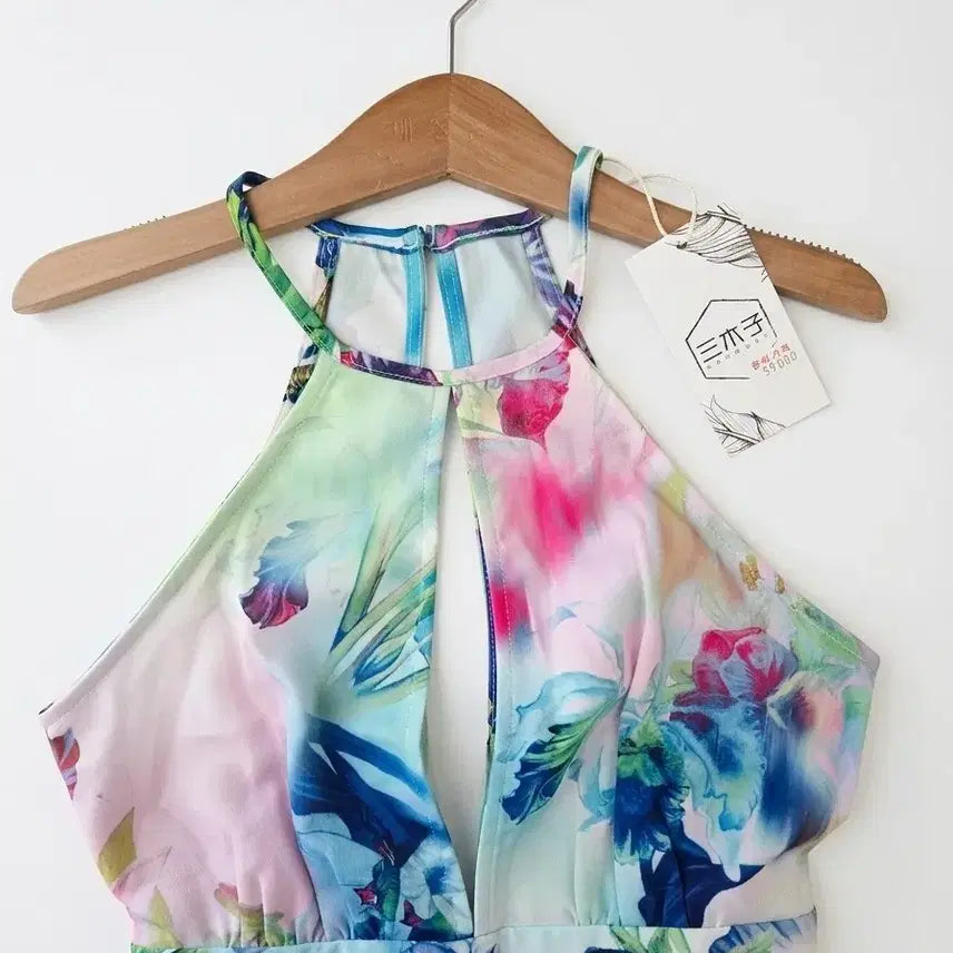 [BUNJANG] Floral Halterneck Mini Dress with Slit - Size S / 새제품 플라워 홀터넥 섹시 트임 나시 비치원피스 S사이즈