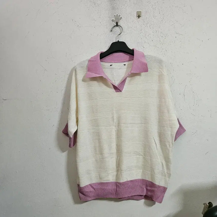 [BUNJANG] White Pink Color-Block Collar Knit T-Shirt / 화이트 핑크 배색 카라 니트 티셔츠
