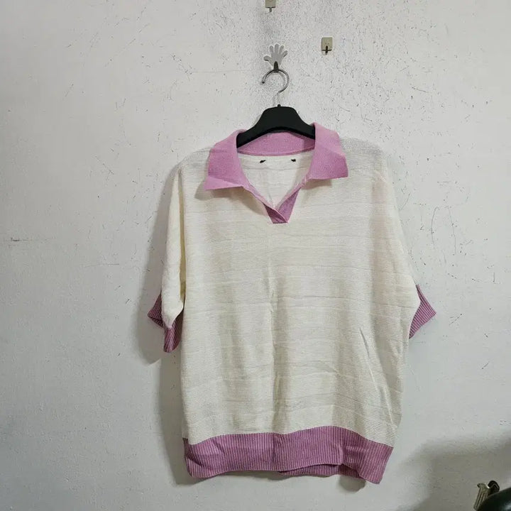 [BUNJANG] White Pink Color-Block Collar Knit T-Shirt / 화이트 핑크 배색 카라 니트 티셔츠