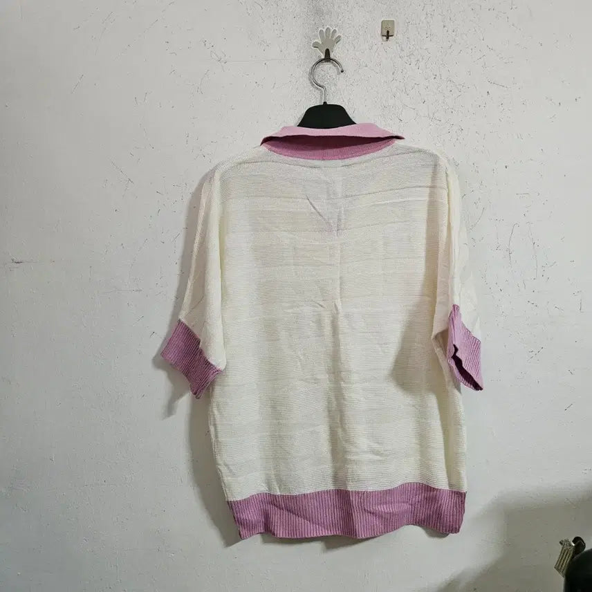 [BUNJANG] White Pink Color-Block Collar Knit T-Shirt / 화이트 핑크 배색 카라 니트 티셔츠