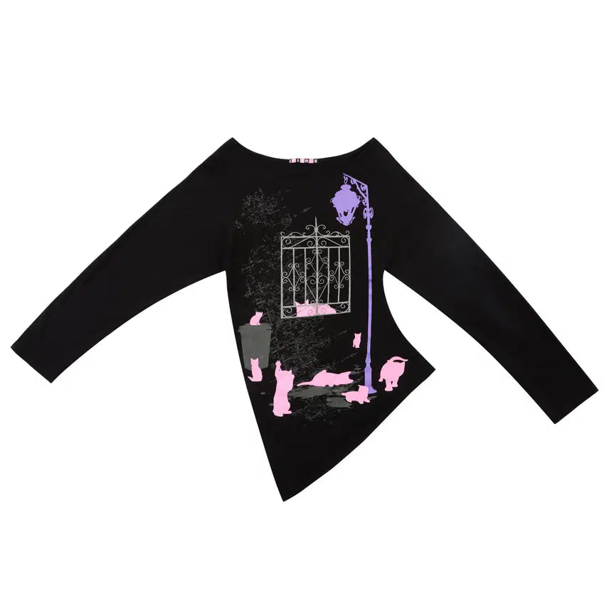 [BUNJANG] Cfierce Dark Knight Cat Off-Shoulder Long Sleeve T-Shirt / CFIERCE 씨피어스 다크 나이트 캣 오프숄더 롱슬리브 티셔츠