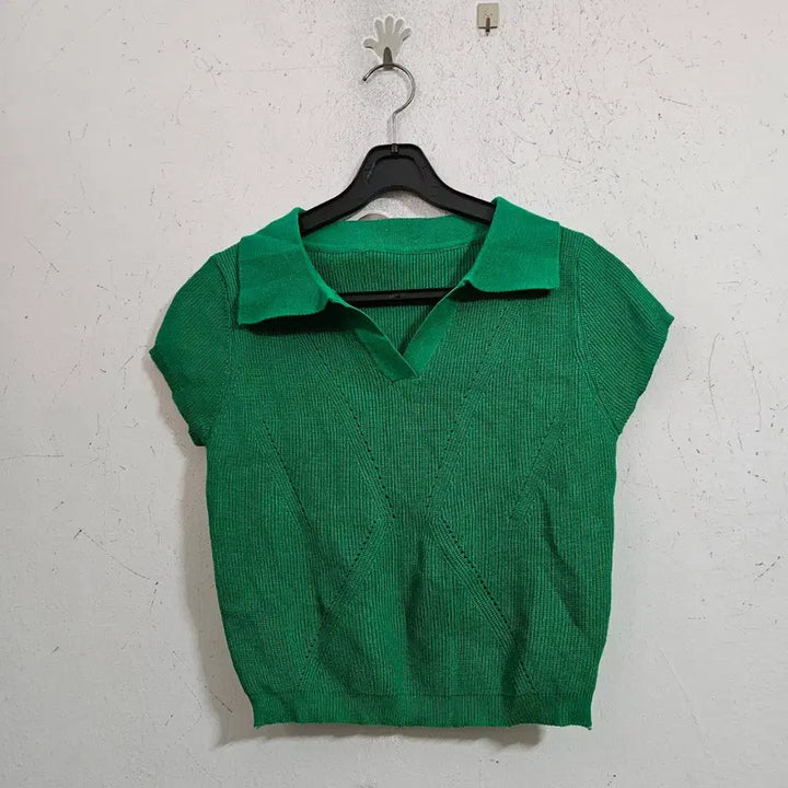 [BUNJANG] Green Collar Knit Short Sleeve T-Shirt / 그린 카라넥 니트 반팔 티셔츠