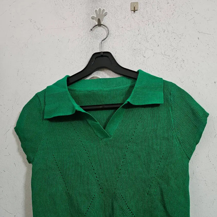 [BUNJANG] Green Collar Knit Short Sleeve T-Shirt / 그린 카라넥 니트 반팔 티셔츠