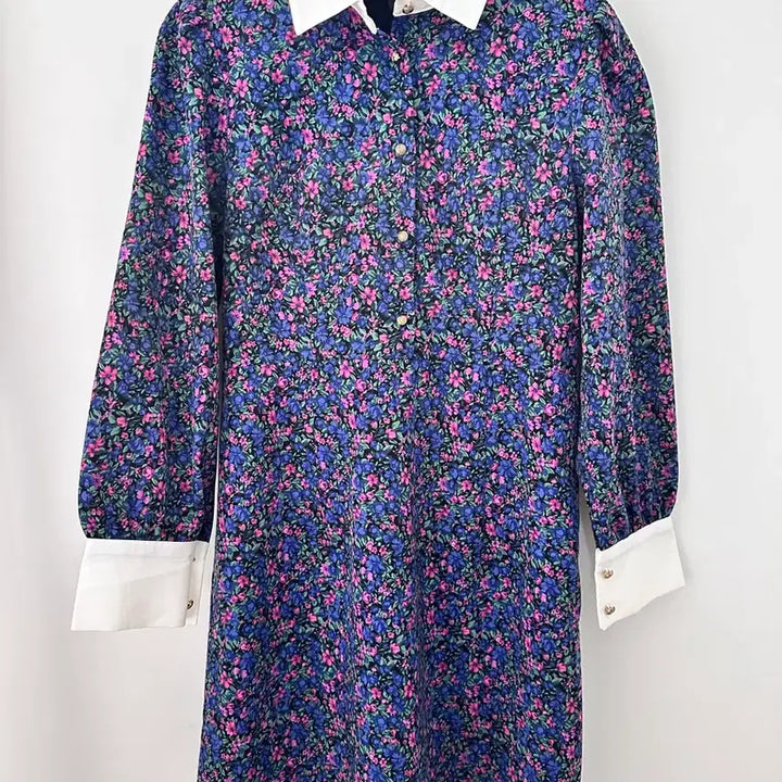 [BUNJANG] Plastic Island Flower Color-Block Collar Mini Dress / 플라스틱아일랜드 플라워 배색 카라 원피스
