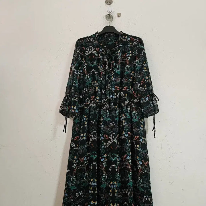 [BUNJANG] Black Flower Long Dress Chiffon Frill Tie-Up / 블랙 플라워 롱 원피스 쉬폰 프릴 끈장식