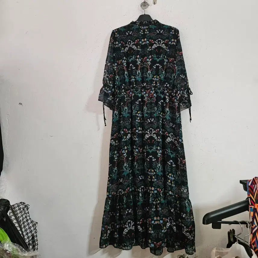 [BUNJANG] Black Flower Long Dress Chiffon Frill Tie-Up / 블랙 플라워 롱 원피스 쉬폰 프릴 끈장식
