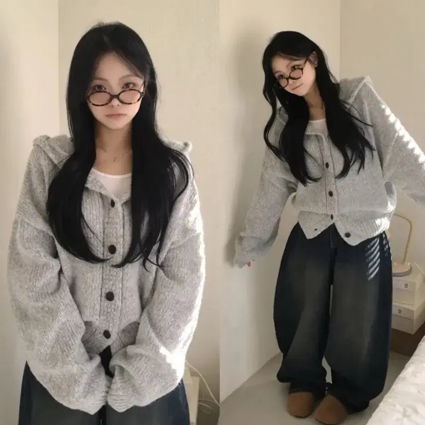 [BUNJANG] Gray Hooded Knit Cardigan / 회색 후드 니트 가디건