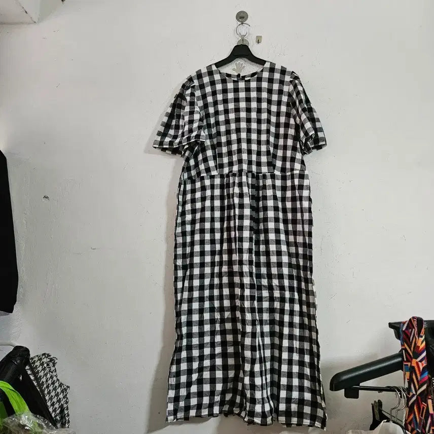 [BUNJANG] Checkered Long Sleeve Half-Sleeve Dress Free Size / 체크 롱 원피스 반팔 FREE