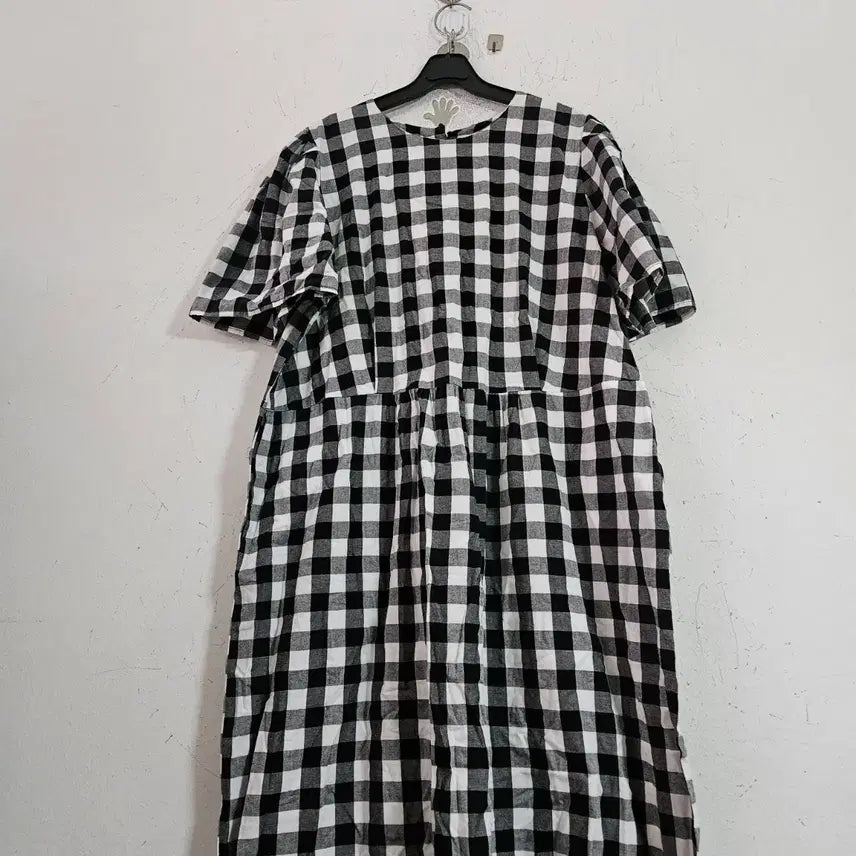 [BUNJANG] Checkered Long Sleeve Half-Sleeve Dress Free Size / 체크 롱 원피스 반팔 FREE