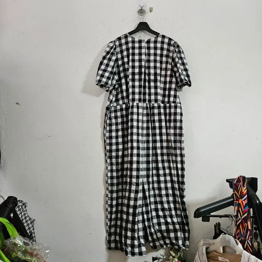 [BUNJANG] Checkered Long Sleeve Half-Sleeve Dress Free Size / 체크 롱 원피스 반팔 FREE