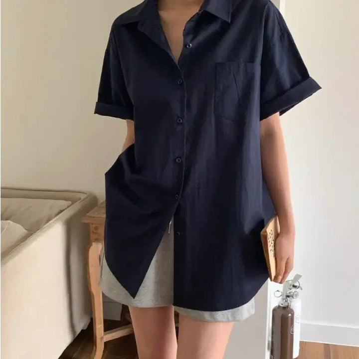 [BUNJANG] Unbranded Navy Linen Blend Short Sleeve Shirt (New) / (텍.새상품) 원가2.5 바스락 살안타템 반팔셔츠(네이비)