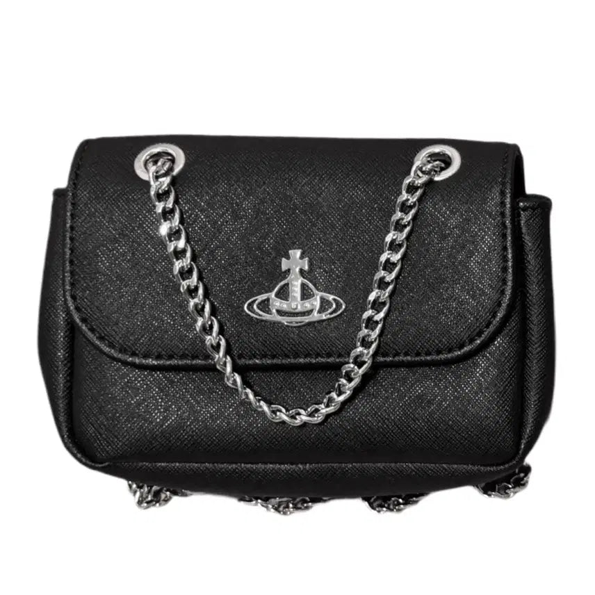 [BUNJANG] Vivienne Westwood Saffiano Leather Chain Crossbody Bag / 비비안웨스트우드 블랙 사피아노 체인 크로스백