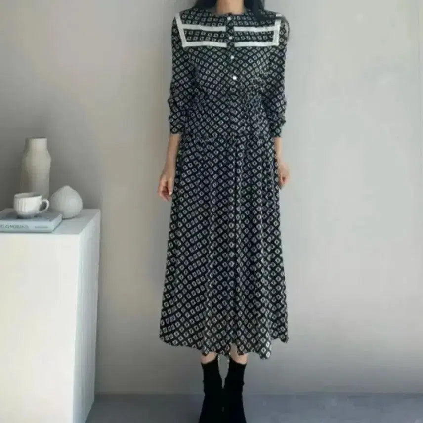 [BUNJANG] Chiffon Dress with Large Lace Collar / 새상품)44-66반 세라카라 쉬폰원피스