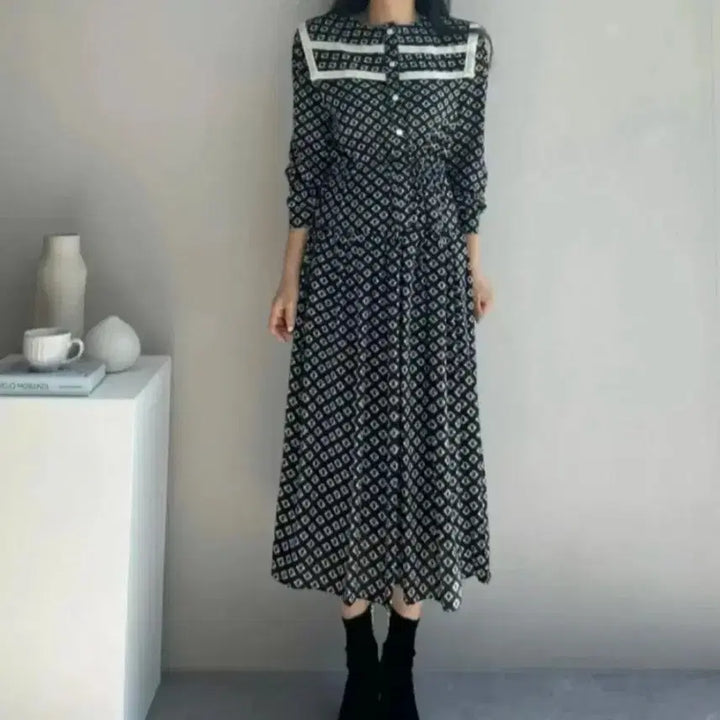[BUNJANG] Chiffon Dress with Large Lace Collar / 새상품)44-66반 세라카라 쉬폰원피스