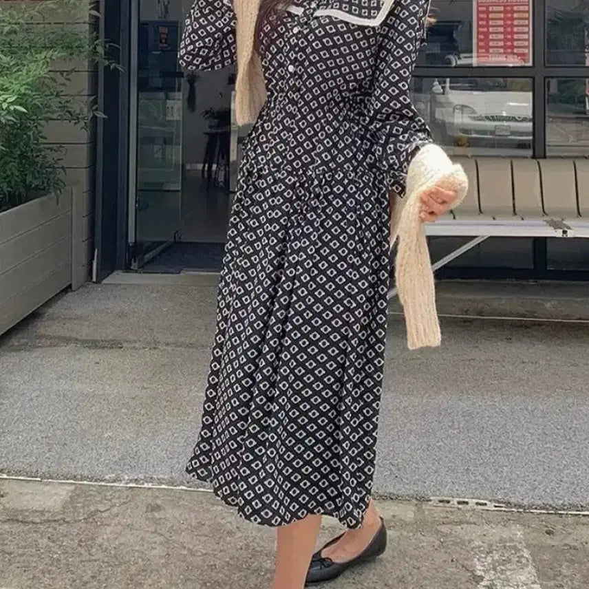 [BUNJANG] Chiffon Dress with Large Lace Collar / 새상품)44-66반 세라카라 쉬폰원피스