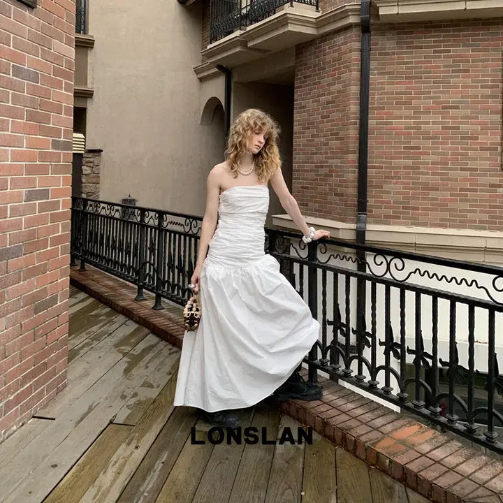[BUNJANG] LONSLAN Shirring Slim Waist Strapless Off-Shoulder Full Dress / LONSLAN 론슬란 셔링 슬림 허리 스트랩리스 오프숄더 풀 드레스
