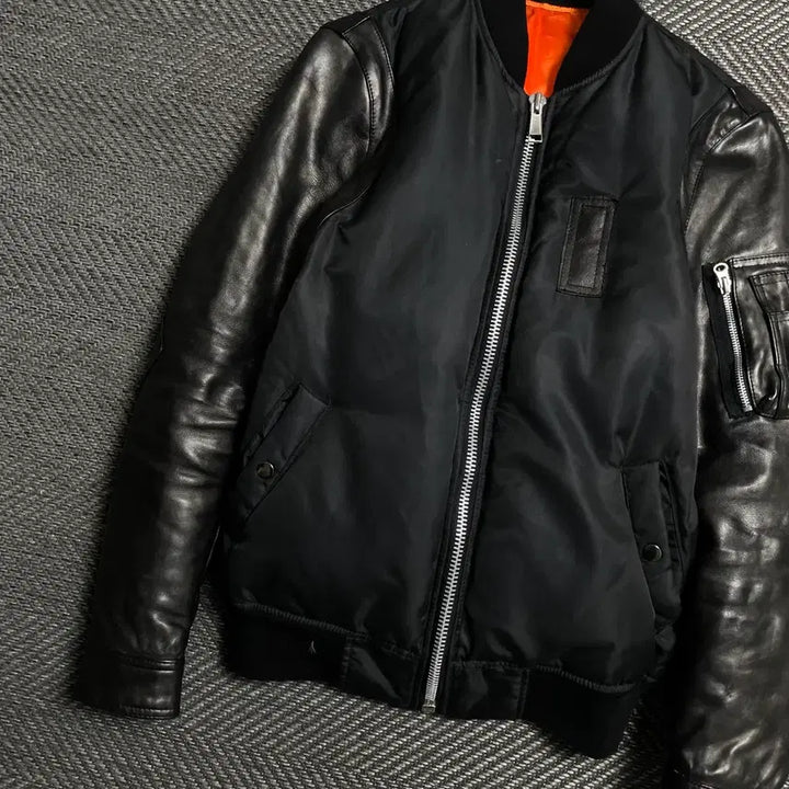 [BUNJANG] Vintage Cow Leather Mix MA-1 Bomber Jacket / 빈티지 카우 레더 믹스 MA-1 항공 점퍼o 5597
