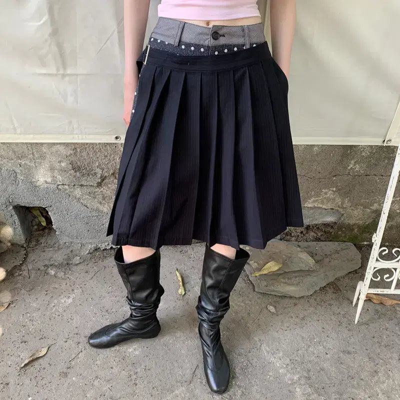 [BUNJANG] LONSLAN Patchwork Dot Pleats Cutdown Pants Skirt / LONSLAN 론슬란 패치워크 도트 플리츠 컷다운 팬츠 스커트